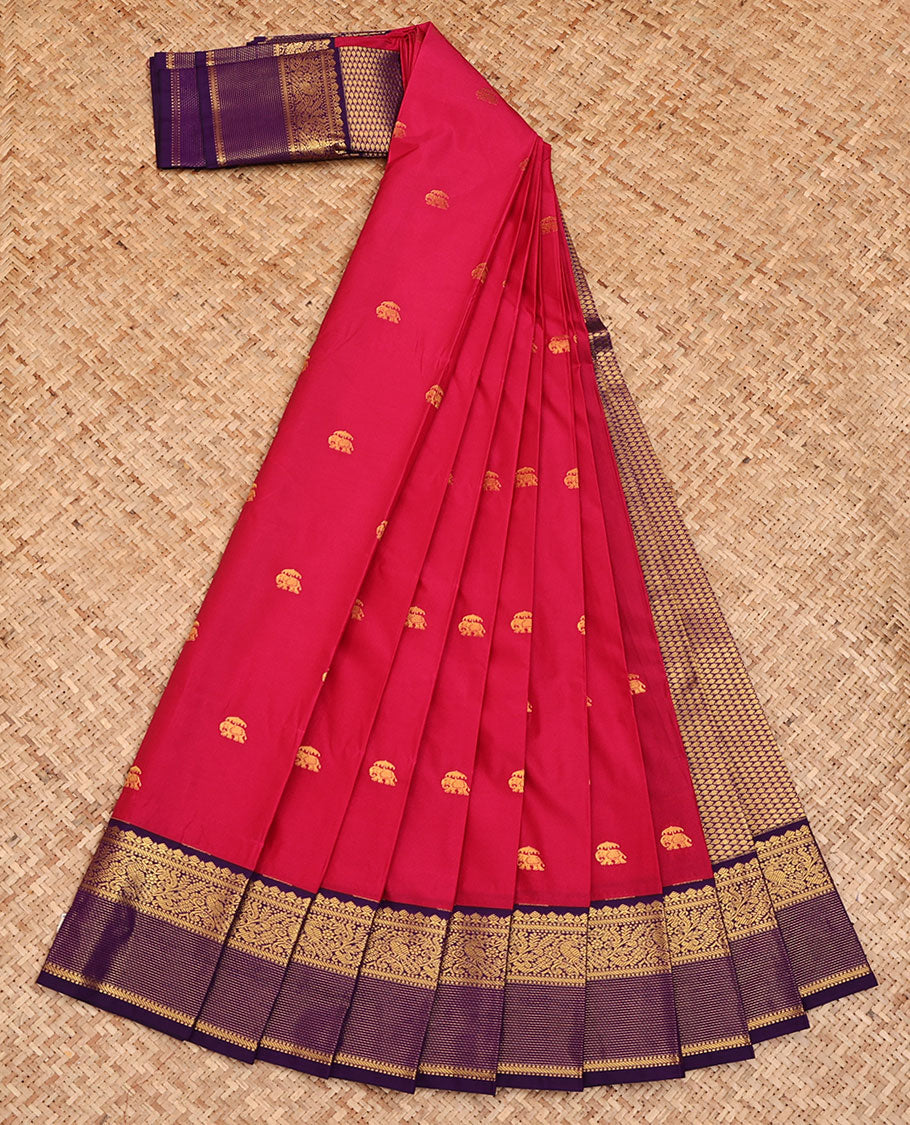 Pink Budget Silk Saree, Bedecked with Elephant Buttas All Over Its Body, Complemented by a Contrast Traditional Zari Border of Peacock Designs, Pallu of Jaal Designs, and Paired with a Contrast Blouse