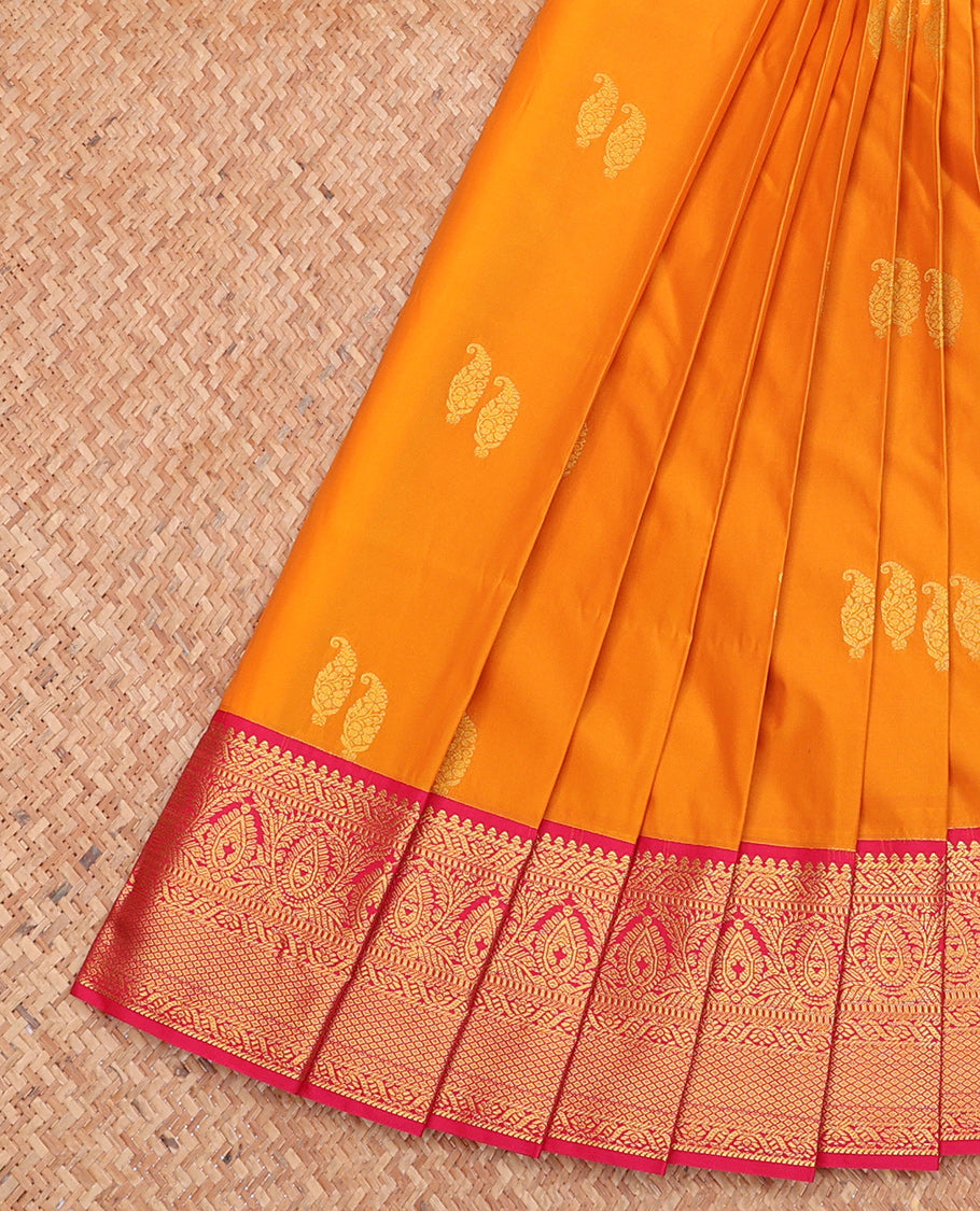 Orange Budget Silk Saree, Beautifully Bedecked with Zari Buttas, Complemented by Contrast Traditional Zari Border, Jaal Pallu, and a Contrast Blouse