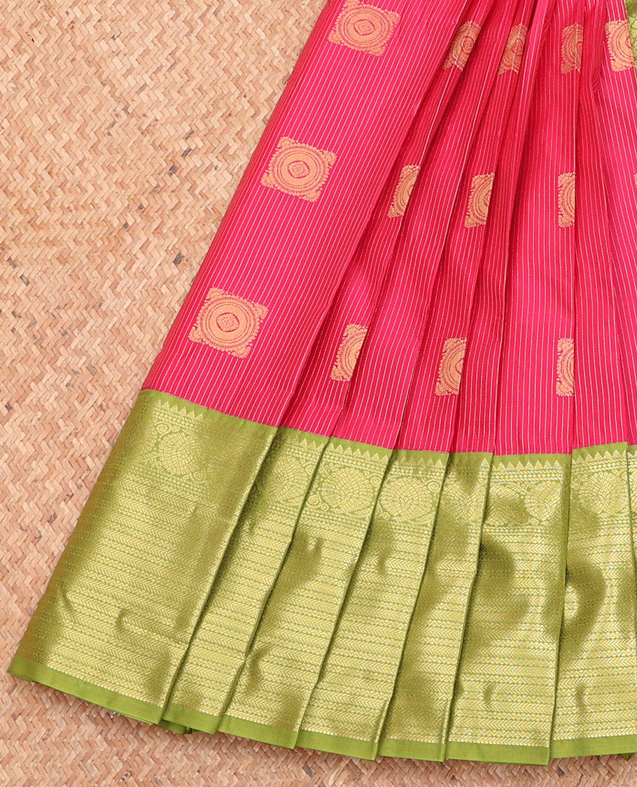 Red Budget Silk Saree, Detailed with Zari Buttas and Stripes, Complemented by a Contrast Traditional Zari Border, Jaal Pallu, and a Contrast Blouse