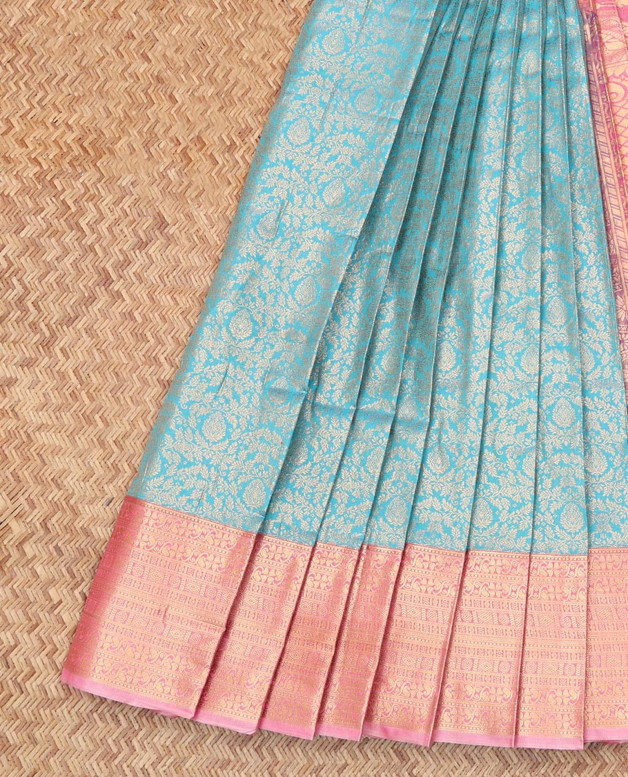 Sky Blue Budget Silk Saree, Styled with Jacquard Design, Complemented by Contrast Traditional Zari Border, a Grand Pallu and a Contrast Blouse