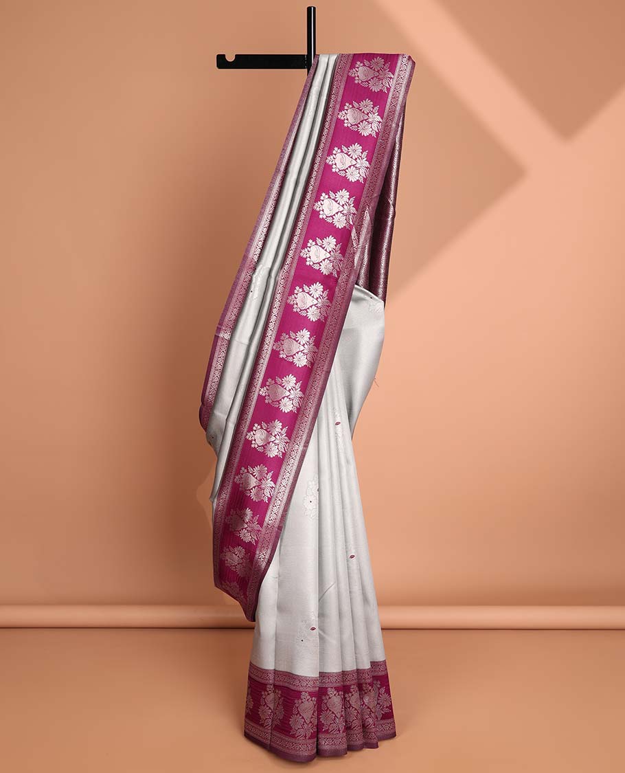 Light grey floral design litchi silk saree with contrast zari design border & floral jaal design pallu