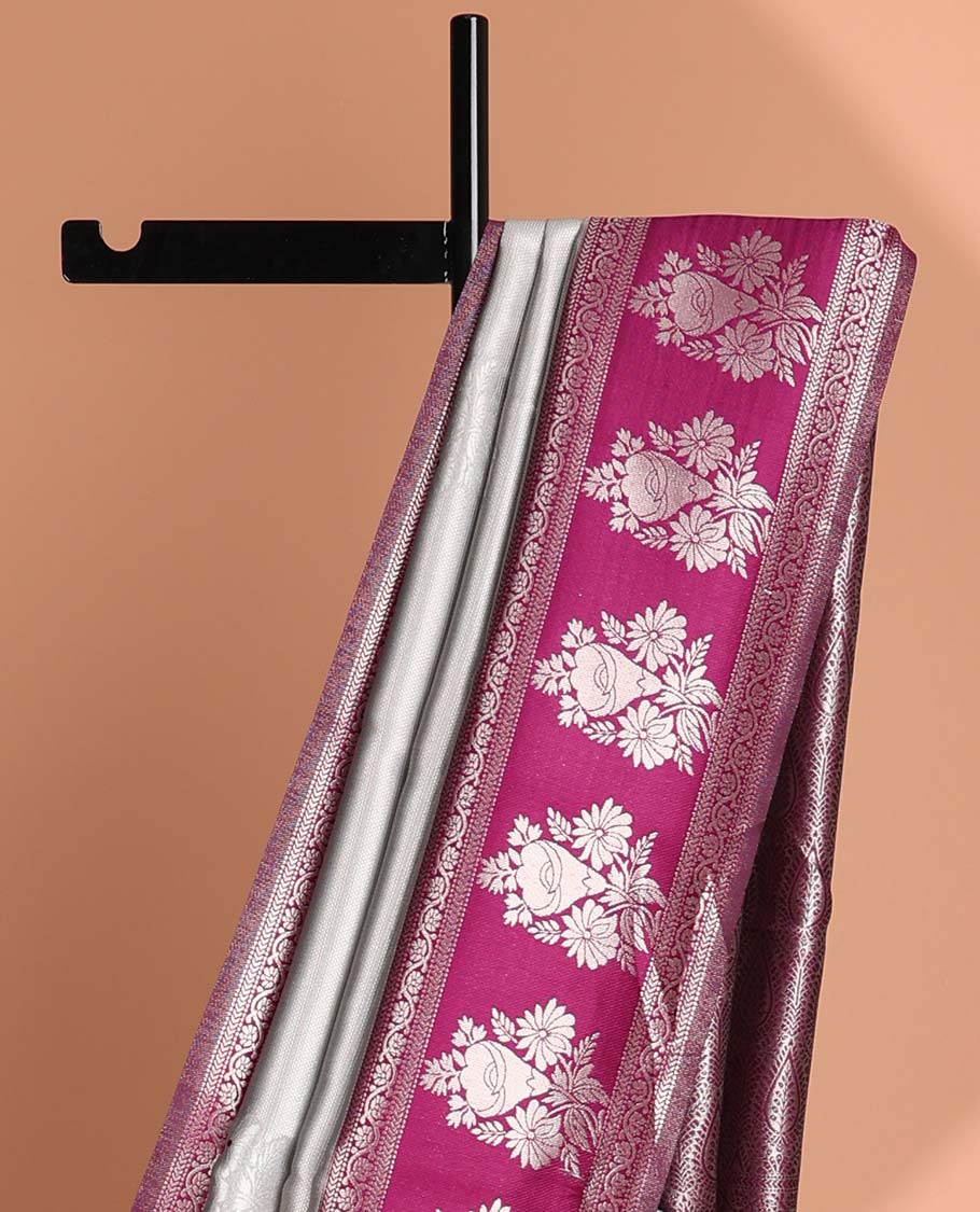 Light grey floral design litchi silk saree with contrast zari design border & floral jaal design pallu