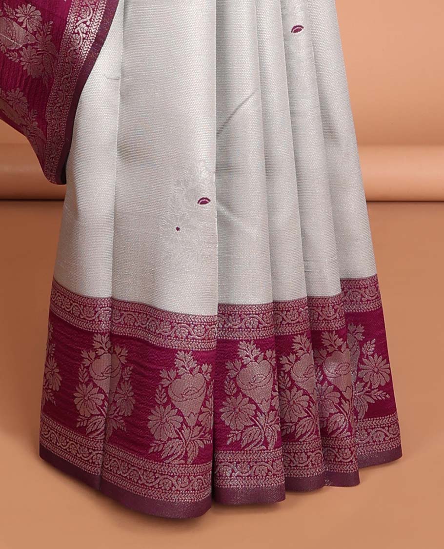 Light grey floral design litchi silk saree with contrast zari design border & floral jaal design pallu