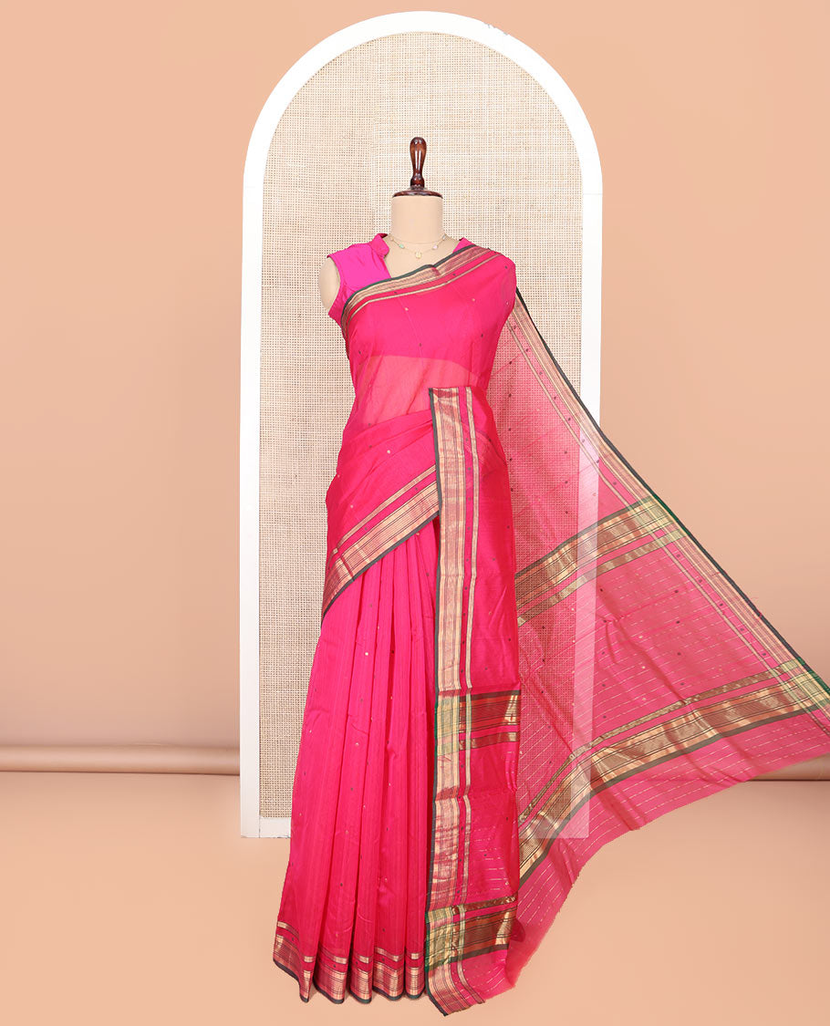 Pink Chanderi Cotton Saree, Ornamented with Buttas All Over Its Body, Complemented by a Contrast Zari Border, Pallu Steeped with Buttas and Stripes, and Paired with a Matching Blouse