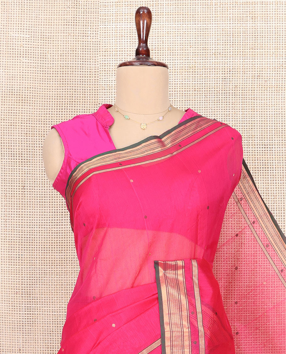 Pink Chanderi Cotton Saree, Ornamented with Buttas All Over Its Body, Complemented by a Contrast Zari Border, Pallu Steeped with Buttas and Stripes, and Paired with a Matching Blouse