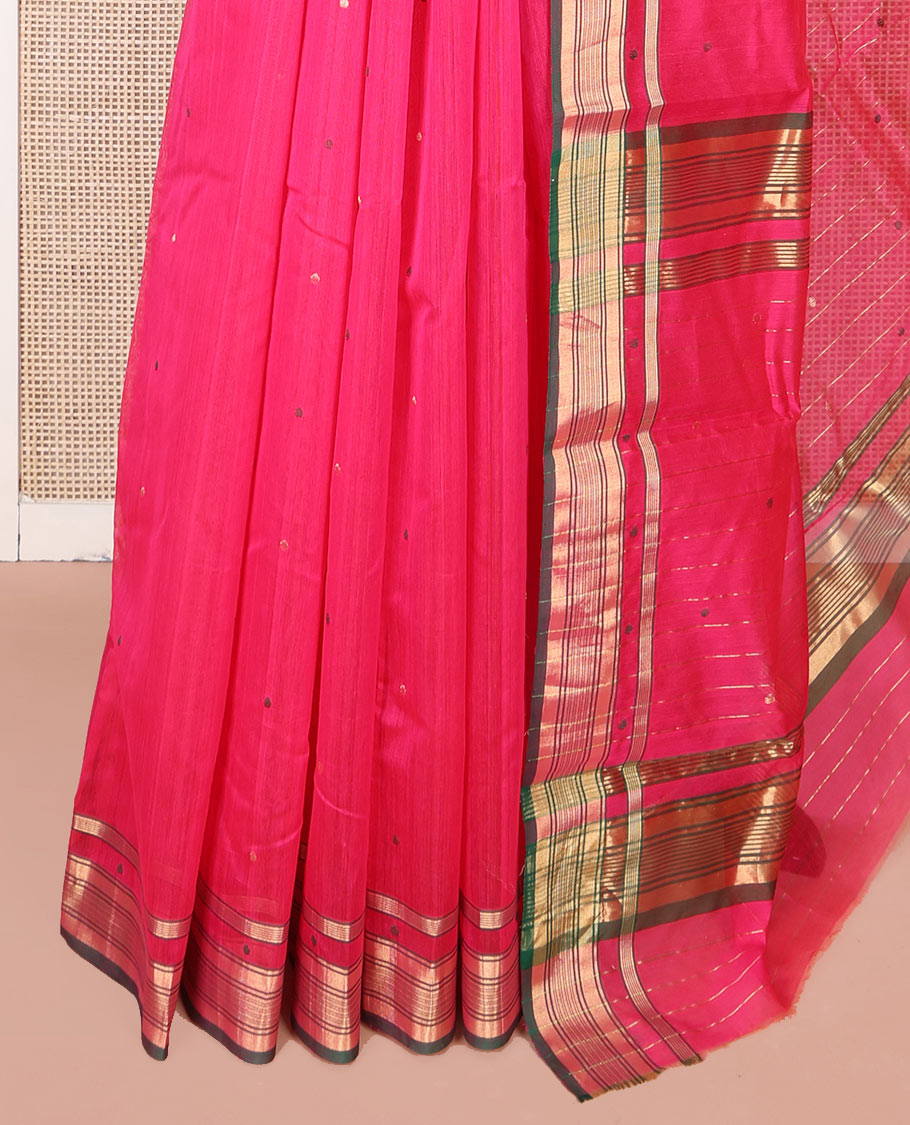 Pink Chanderi Cotton Saree, Ornamented with Buttas All Over Its Body, Complemented by a Contrast Zari Border, Pallu Steeped with Buttas and Stripes, and Paired with a Matching Blouse