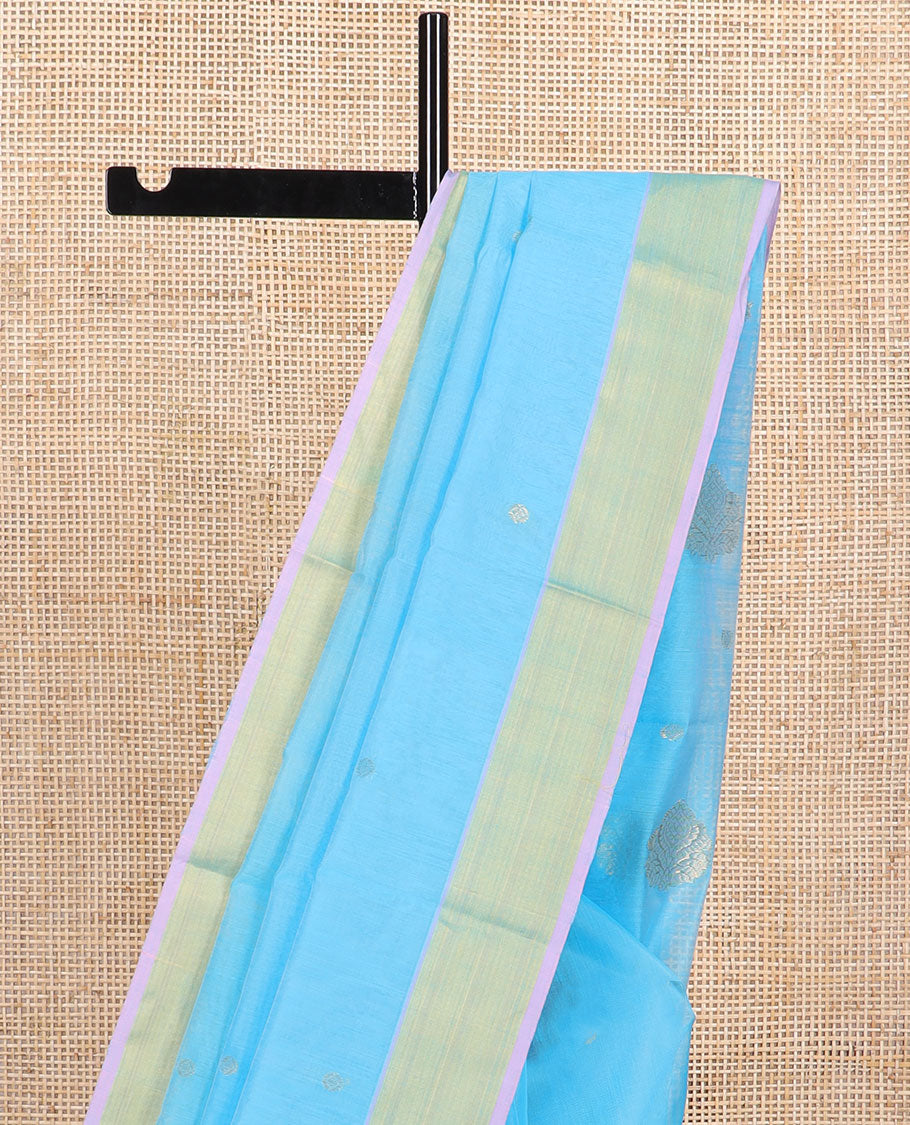 Sky blue floral motifs chanderi cotton saree with self zari design border & striped pallu