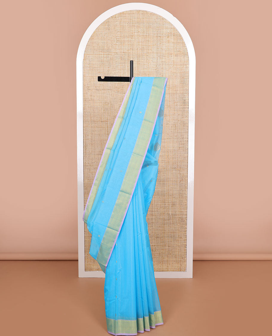 Sky blue floral motifs chanderi cotton saree with self zari design border & striped pallu