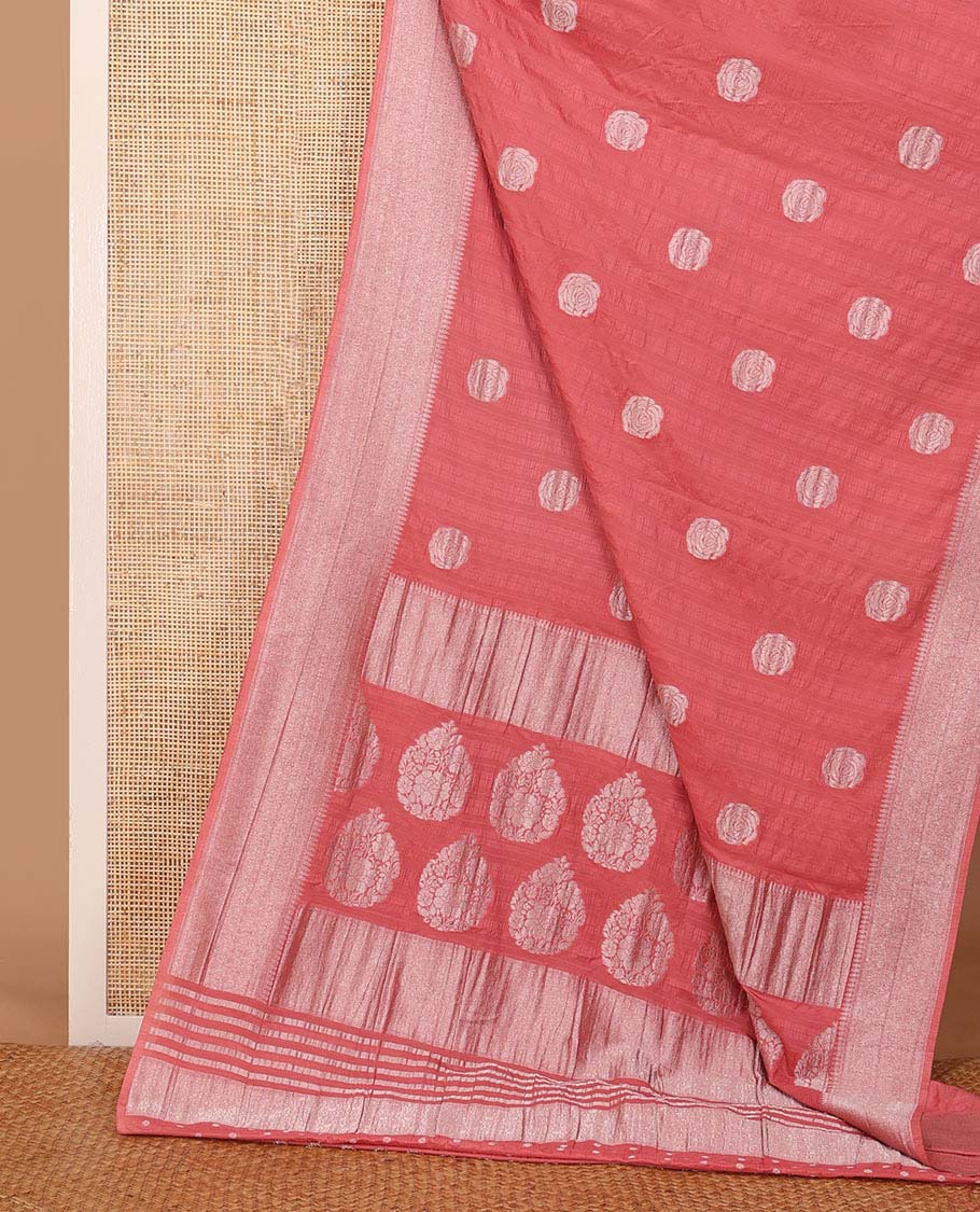 Peach rose buttas woven fancy crepe saree, traditional zari border & intricate pallu