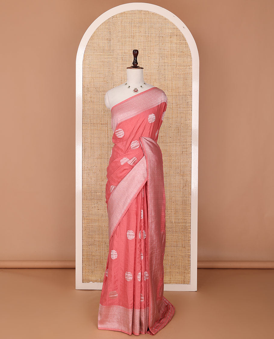 Peach rose buttas woven fancy crepe saree, traditional zari border & intricate pallu