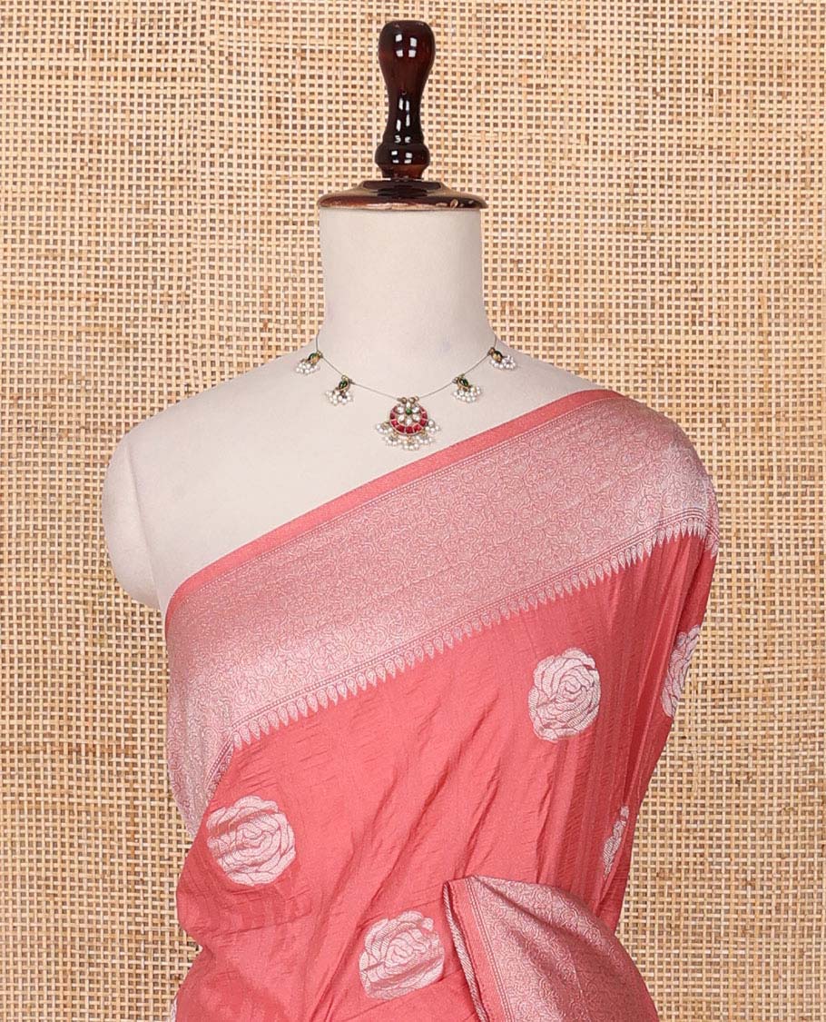 Peach rose buttas woven fancy crepe saree, traditional zari border & intricate pallu