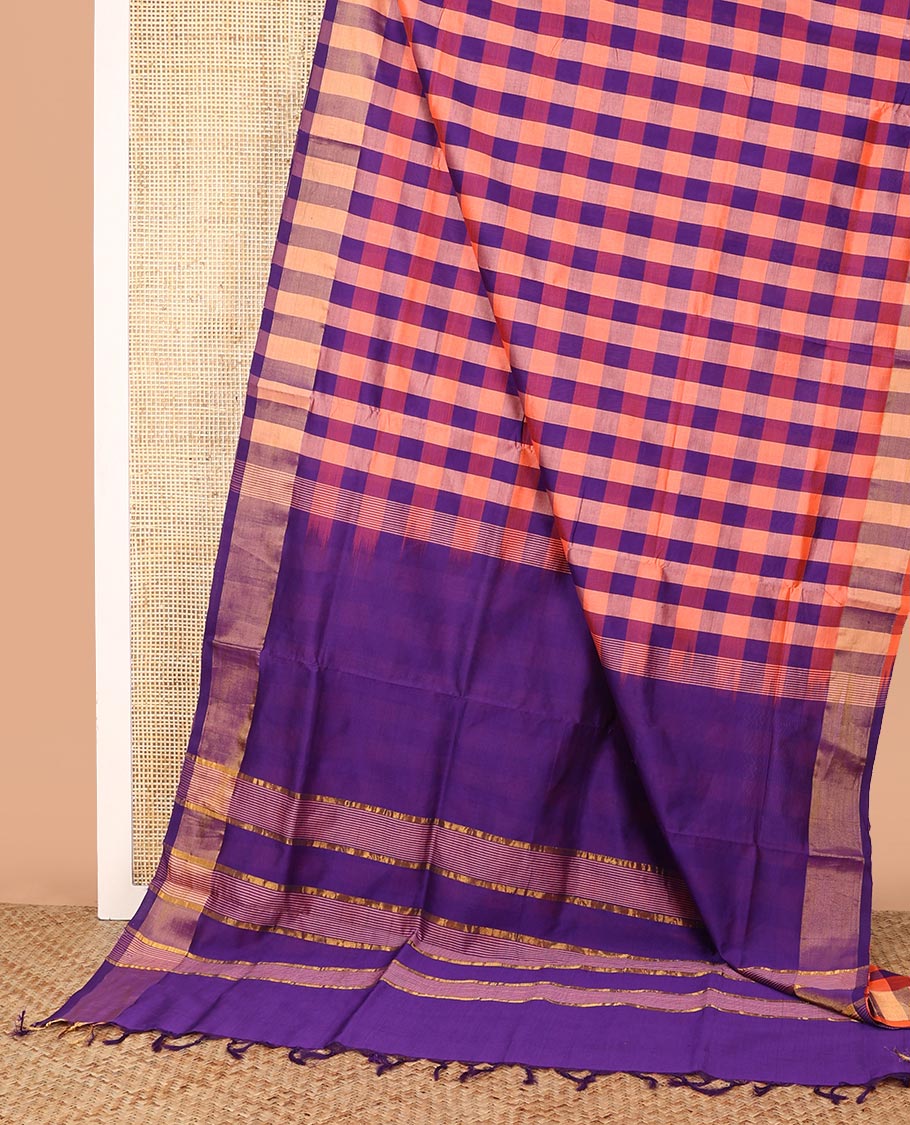 Multi-Colored Checked Poly Cotton Saree, Subtle Self-Border, Pallu Steeped with Stripes, and Paired with a Contrast Blouse