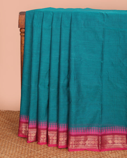 Blue plain Chettinad cotton saree, contrast ganga jamuna traditional zari design border, and pallu of stripes