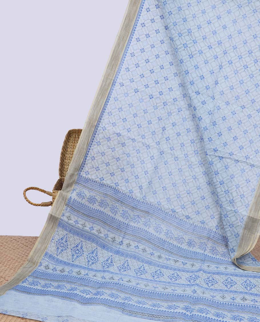 Blue jaal printed budget cotton saree, contrast border & intricately printed pallu