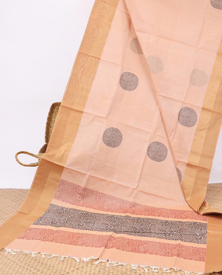 Sandal Coimbatore cotton saree features animal motifs,contrast plain border & pallu of peacock & chakram motifs