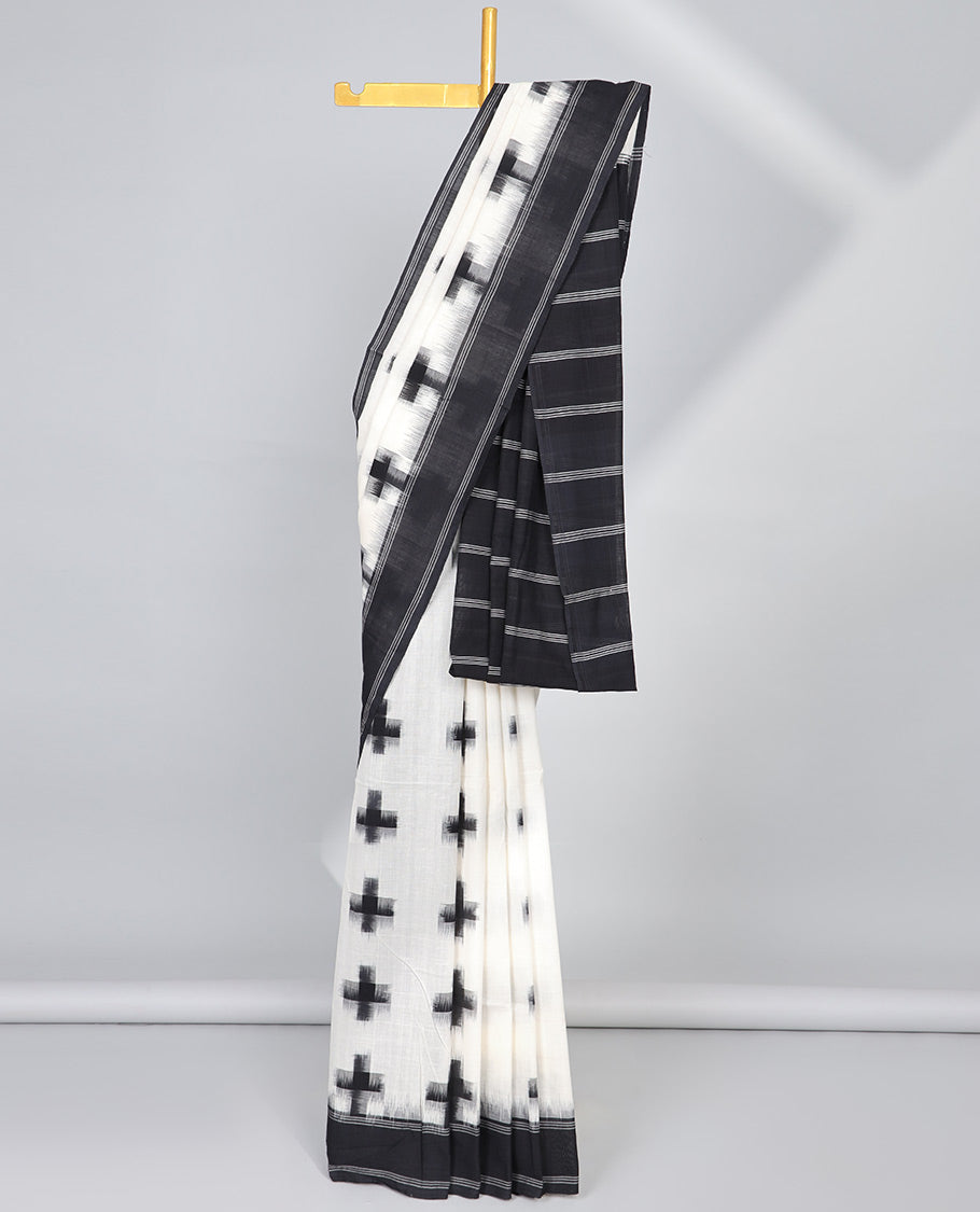 white geometric design ikkat cotton saree with contrast striped border & striped design pallu