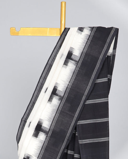 white geometric design ikkat cotton saree with contrast striped border & striped design pallu