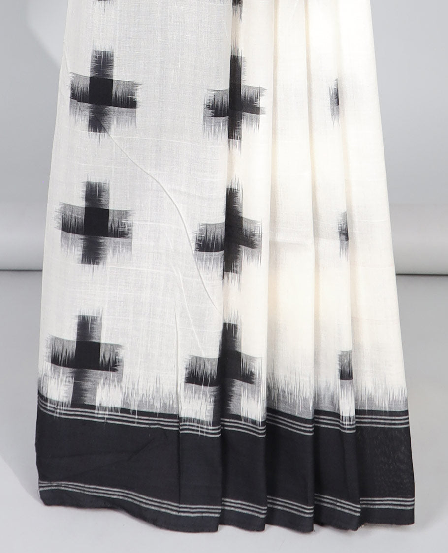 white geometric design ikkat cotton saree with contrast striped border & striped design pallu