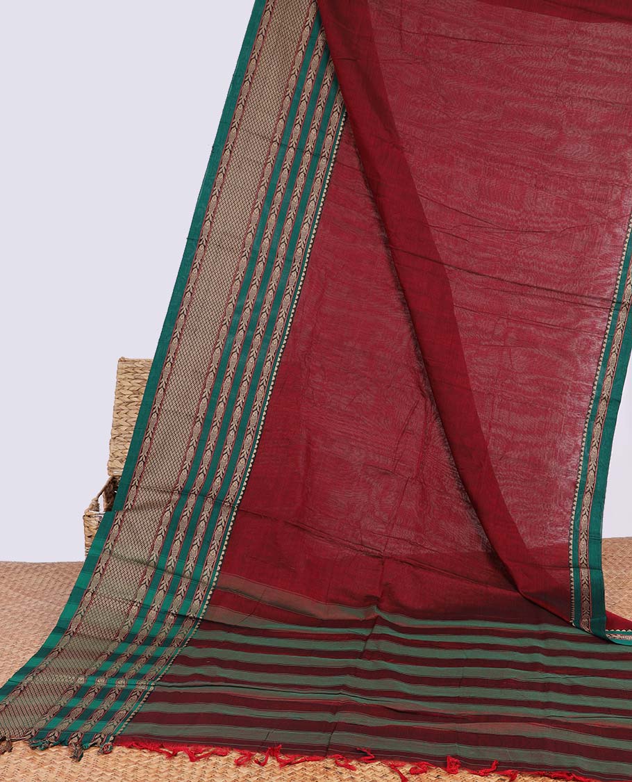 Maroon narayanapet cotton saree with contrast intricate design border & striped pallu