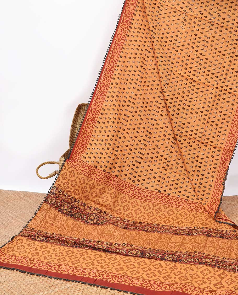 Sandal floral design mul mul cotton saree with self floral border & floral design pallu