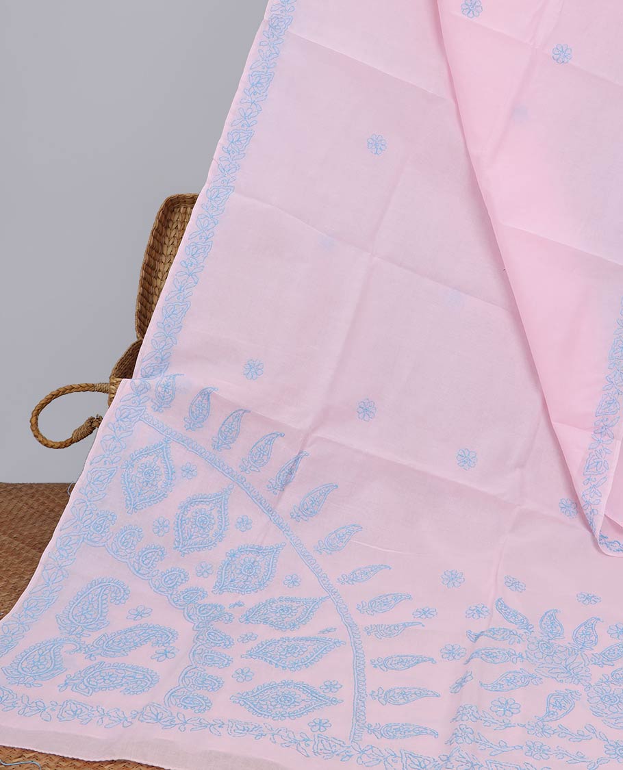 Pink flower embroidery lucknowi chikankari cotton saree with leaf border & floral, paisleys embroidered pallu