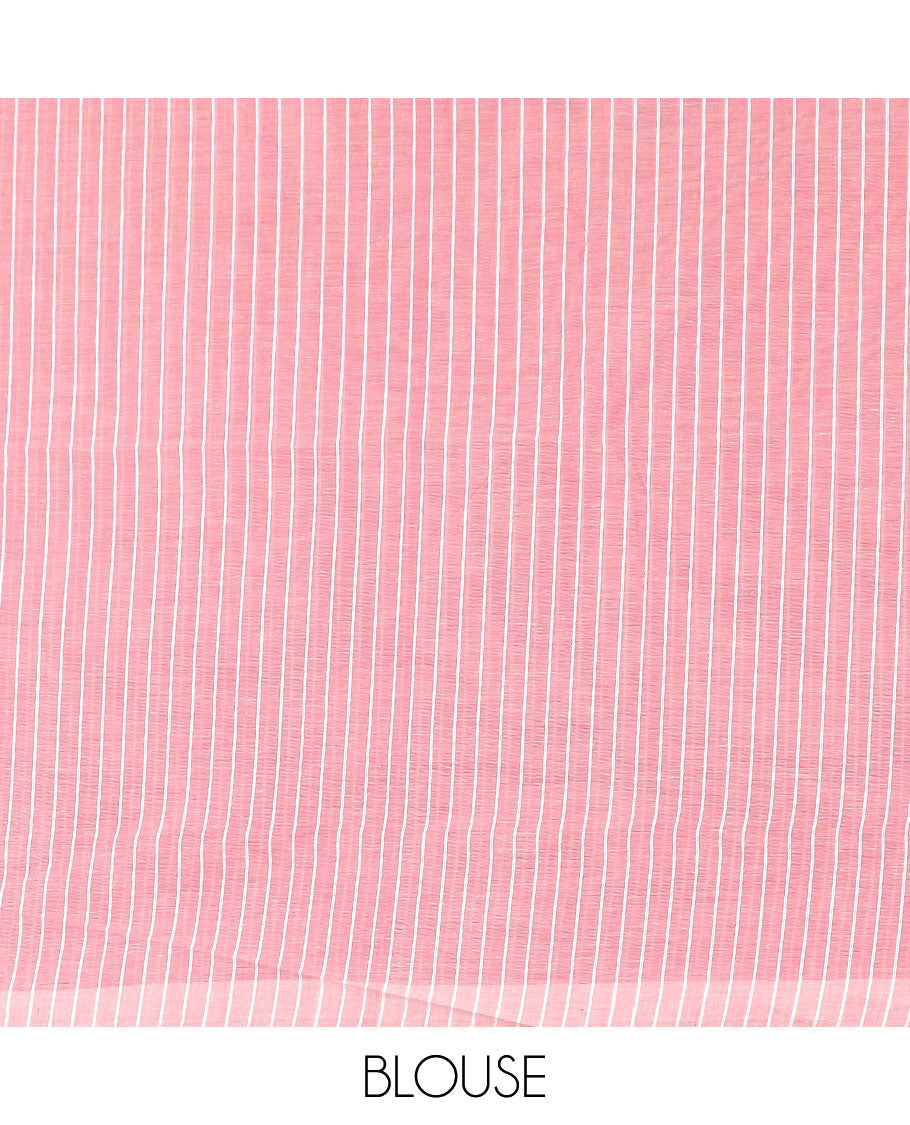Borderless pink and grey jute cotton saree and striped pallu