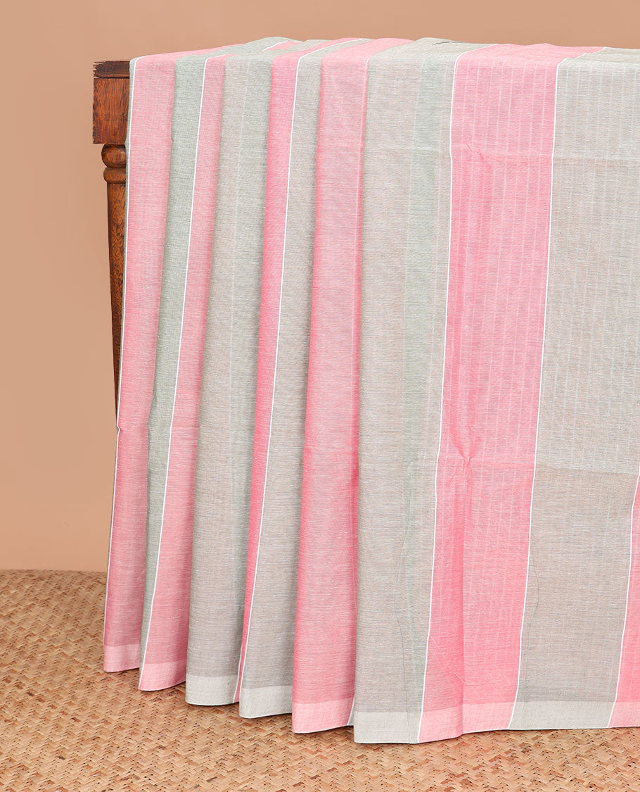 Borderless pink and grey jute cotton saree and striped pallu
