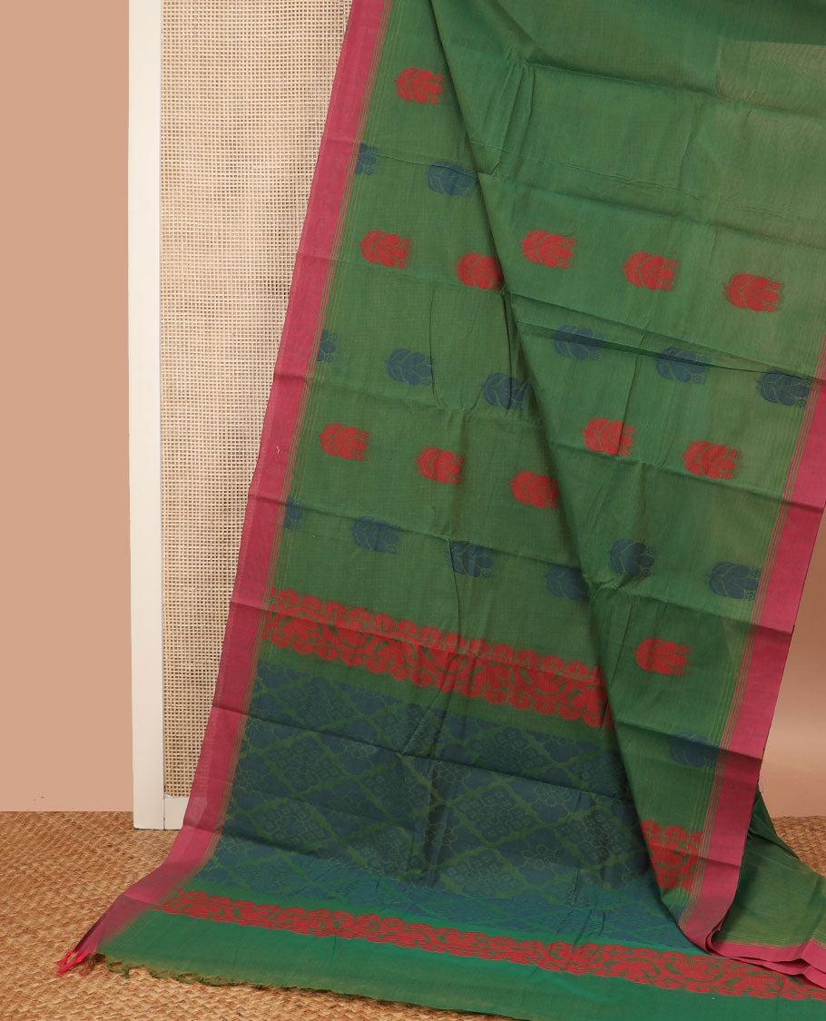 Green buttas woven Kanchi cotton saree, contrast plain border, and pallu of jaal design