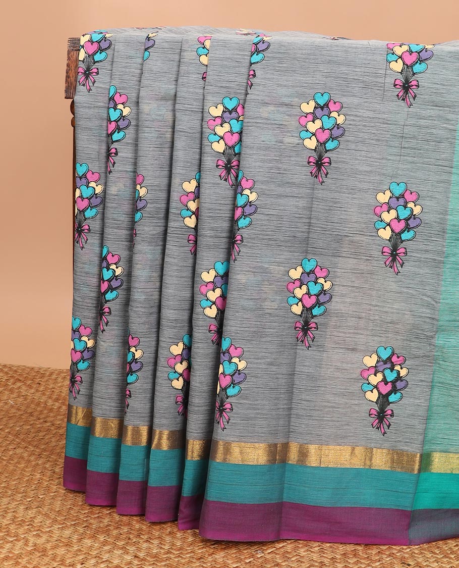 Grey heart ballon bouquet printed Chirala cotton saree, contrast border and pallu of geometric print