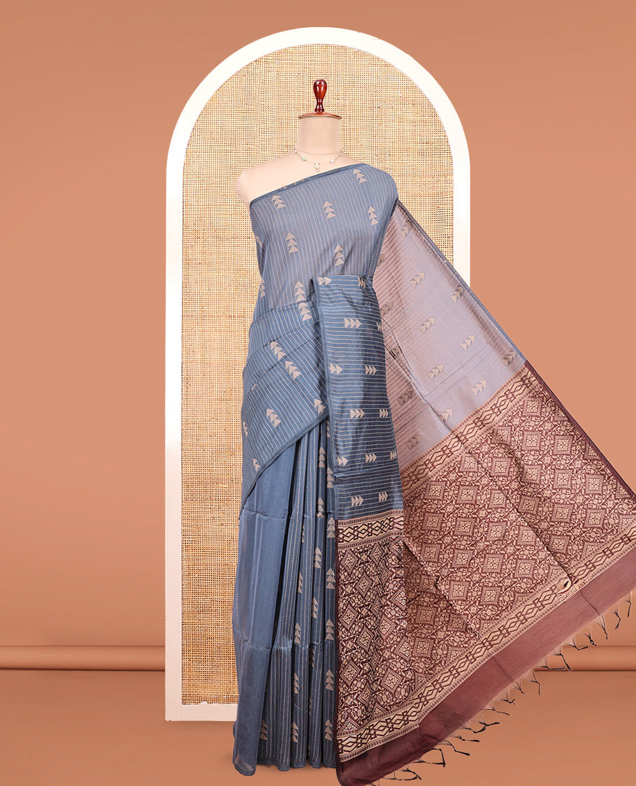 Borderless Grey Semi-Silk Cotton Saree, Delicately Woven with Dotted Stripes and Triangle Buttas All Over Its Body, Complemented by Contrast Pallu of Intricate Designs, and Paired with a Contrast Blouse