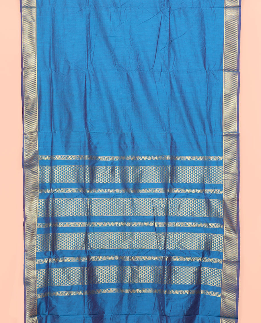 Blue Plain Nine Yard Cotton Saree, Complemented by Contrast Traditional Ara Maadam Design Border, Pallu of Ara Maadam Designs, and Comes Without a Blouse