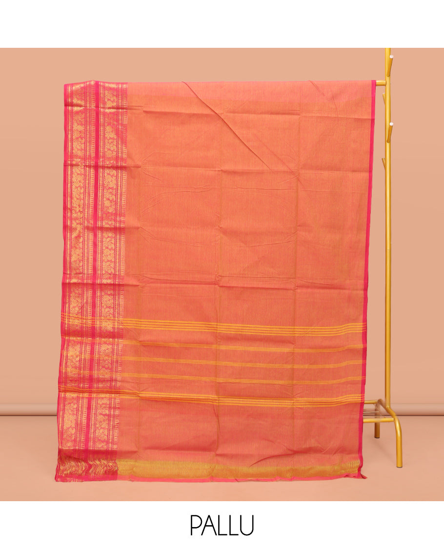 Orange Plain Chettinad Cotton Saree, Complemented by a Contrast Traditional Zari Design Woven Temple Border of Peacocks, Pallu of Stripes, and Paired with a Matching Blouse