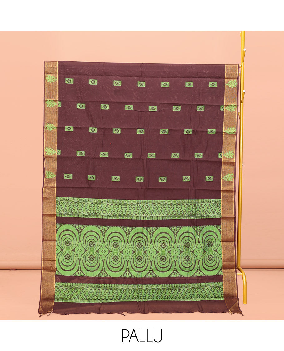 Brown Kanchi Cotton Saree, Detailed with Buttas All Over Its Body, Complemented by Contrast Border, Pallu of Geometric Designs, and Paired with a Matching Blouse