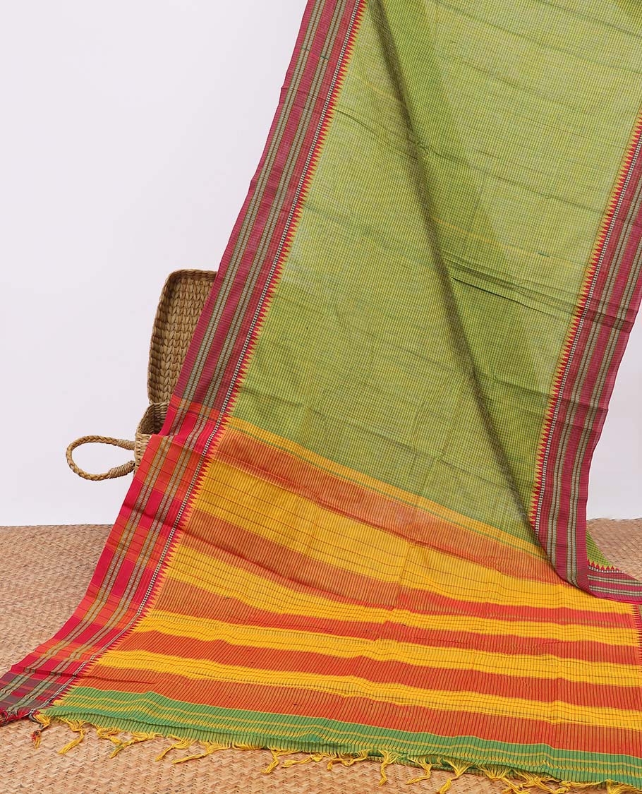 Green checked narayanapet cotton saree, contrast striped border & pallu of stripes