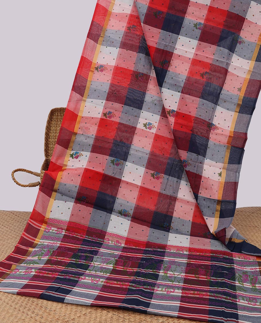 multi-color checked, floral motifs with polka dots chirla cottton saree, contrast zari border & floral design, striped pallu