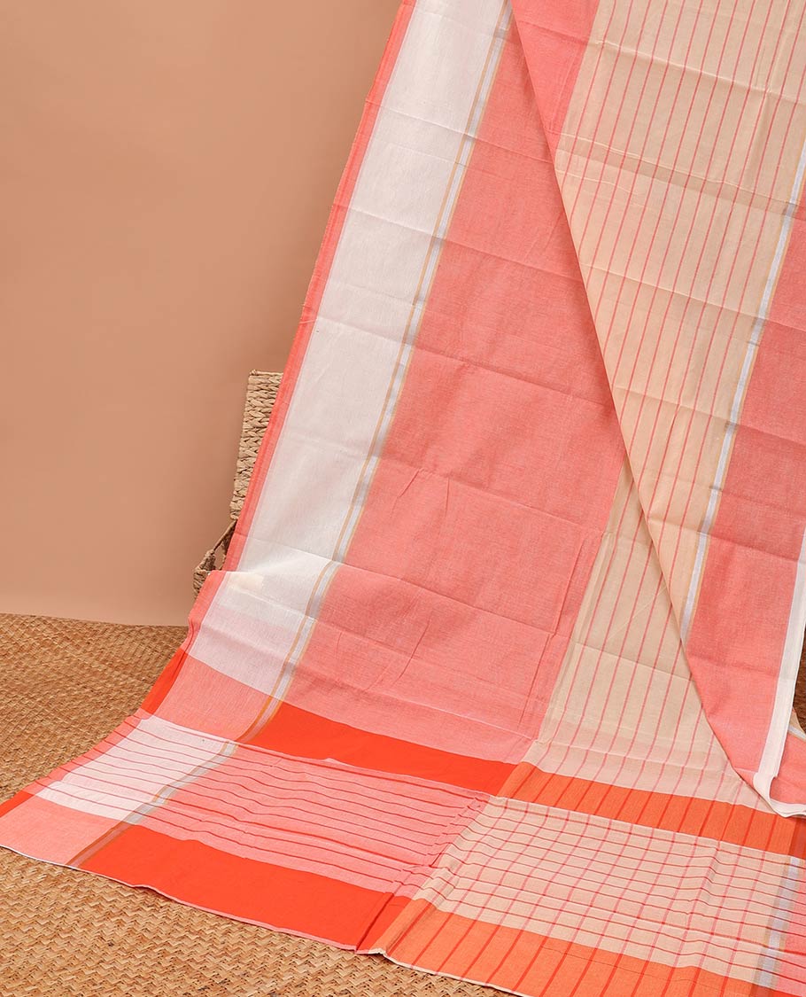 Orange striped chirla cottton saree with contrast border & checked pallu
