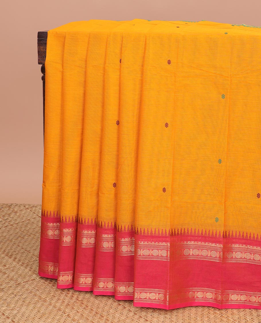 Orange motifs chettinad cotton saree with contrast ganga jamuna zari design border & striped, floral design pallu