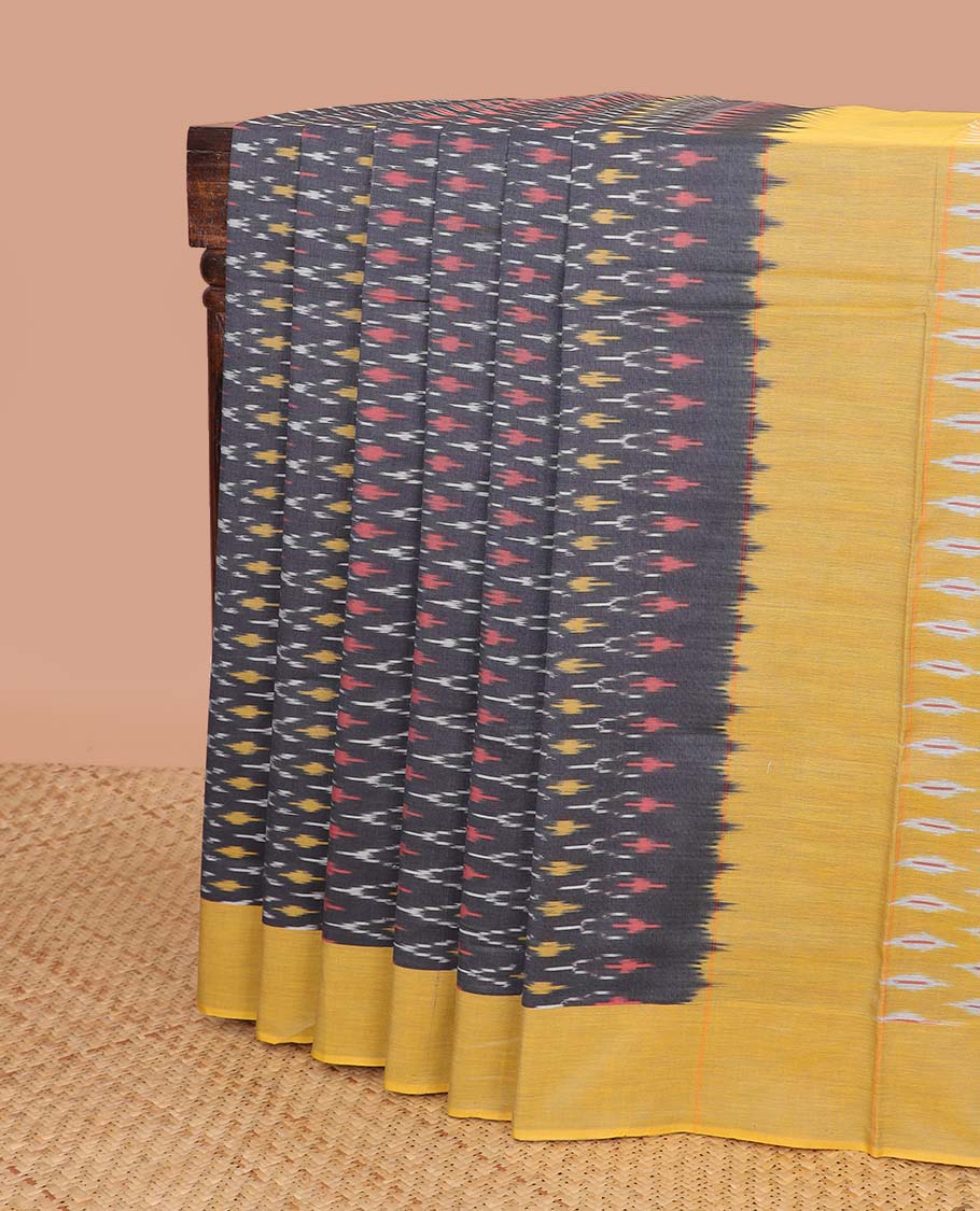 Dark Grey geometric design ikkat cotton saree with contrast border & geometric design pallu