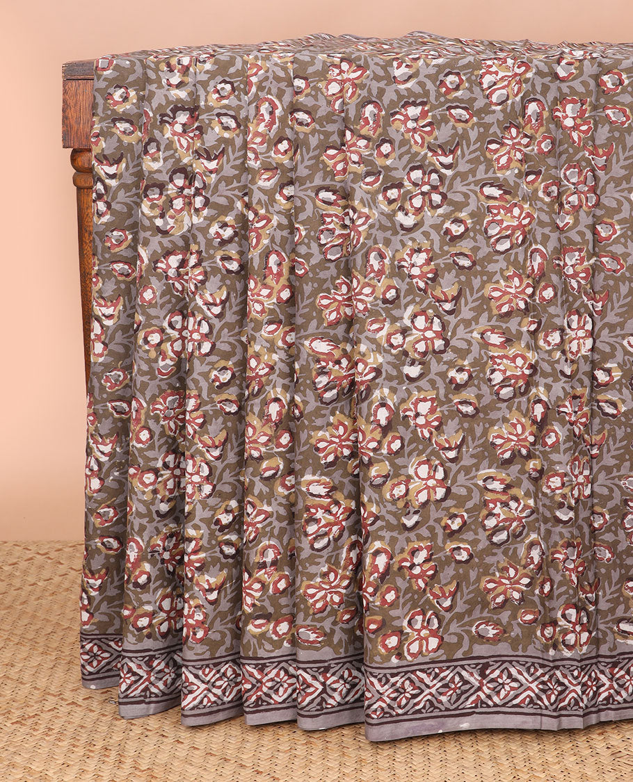 Brown floral design machine printed kalamkari cotton saree with contrast floral border & argyle design pallu