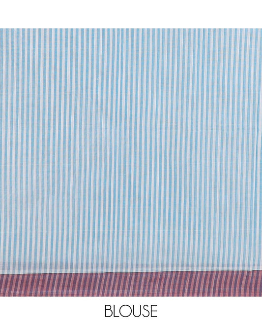 White vertically striped jute cotton saree, contrast border and striped pallu