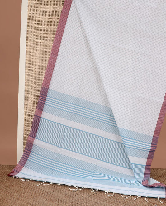 White vertically striped jute cotton saree, contrast border and striped pallu