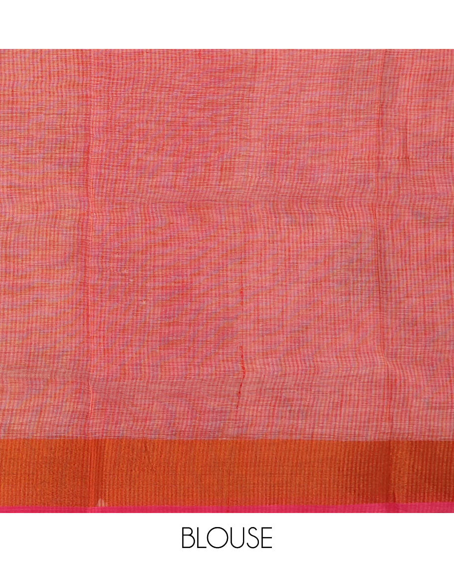 Pink leaf buttas cotton saree, contrast plain border and striped pallu