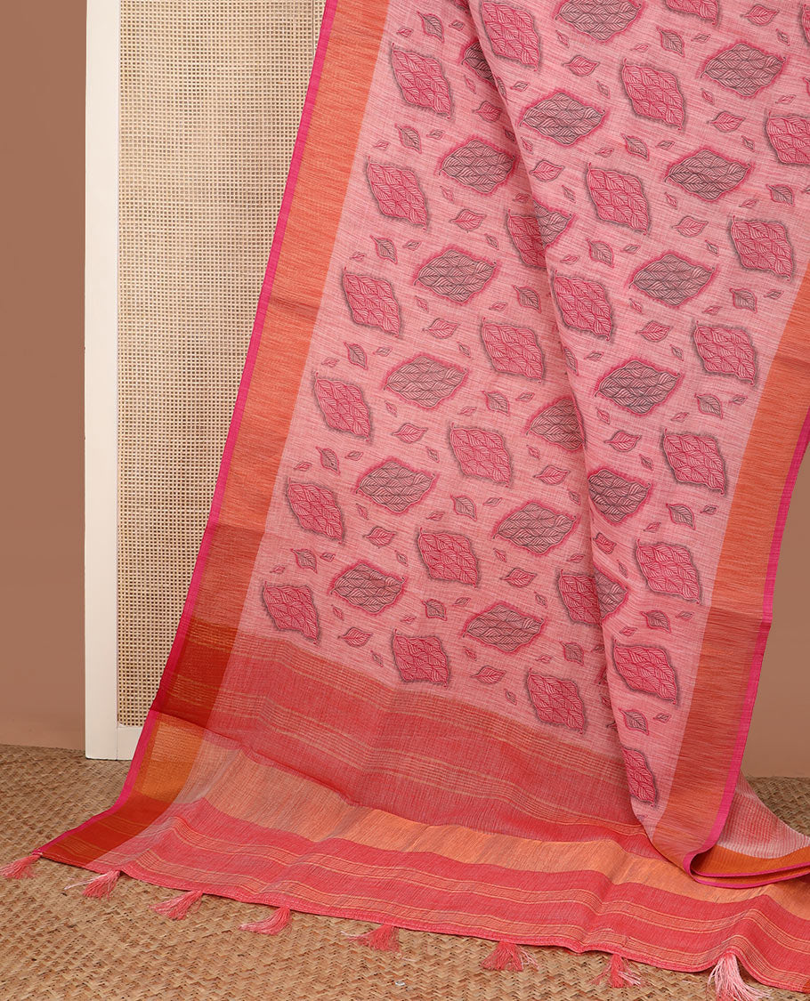 Pink leaf buttas cotton saree, contrast plain border and striped pallu