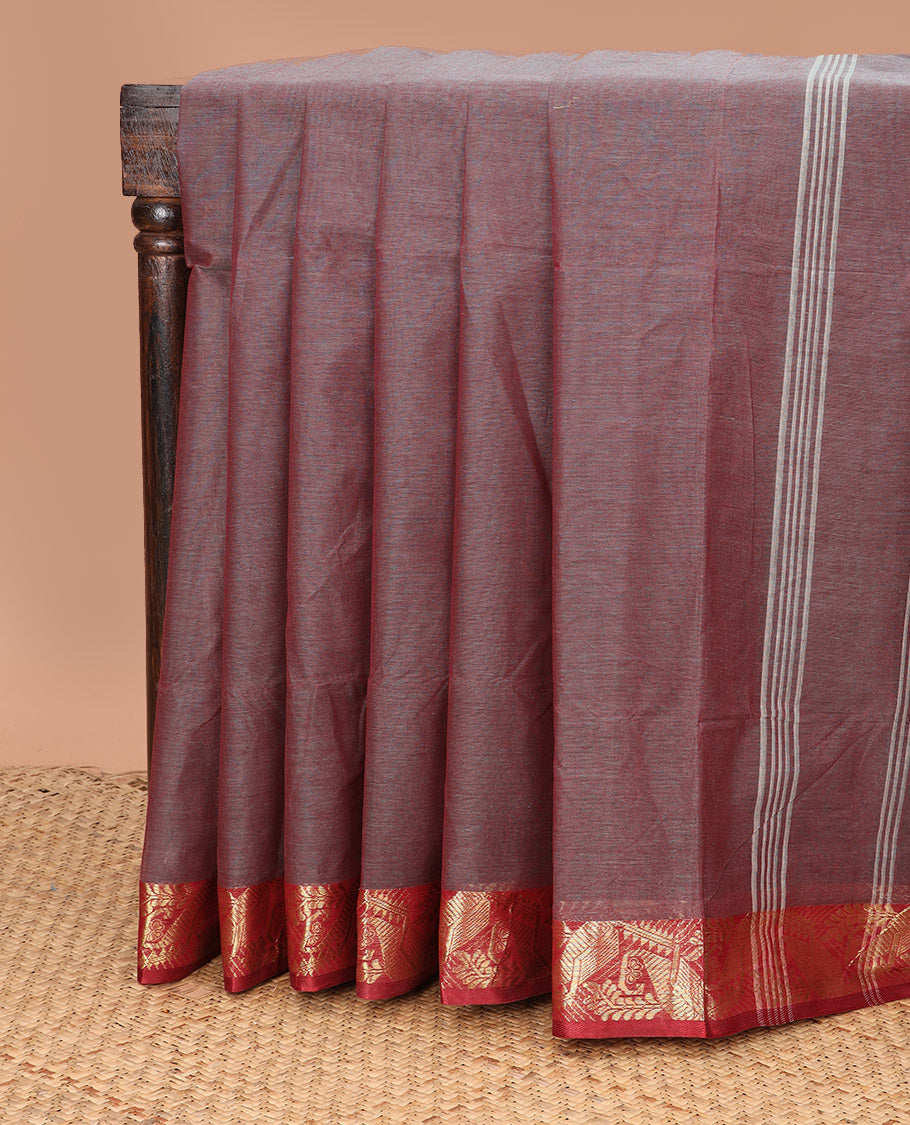 Red plain design Bengal cotton saree, contrast zari border, and striped pallu