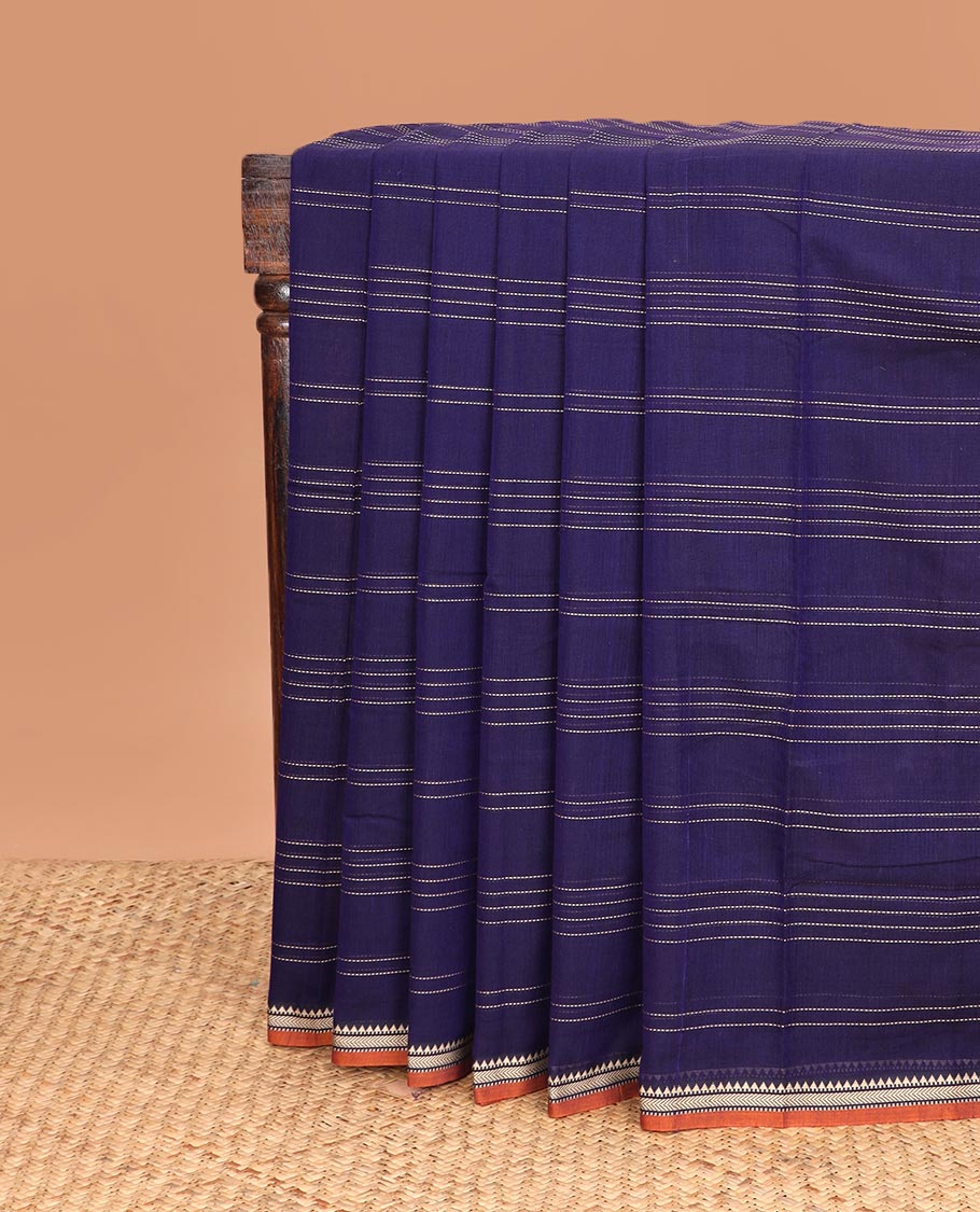 Ink blue striped Narayanapet cotton saree, traditional motifs piping border, and contrast striped pallu
