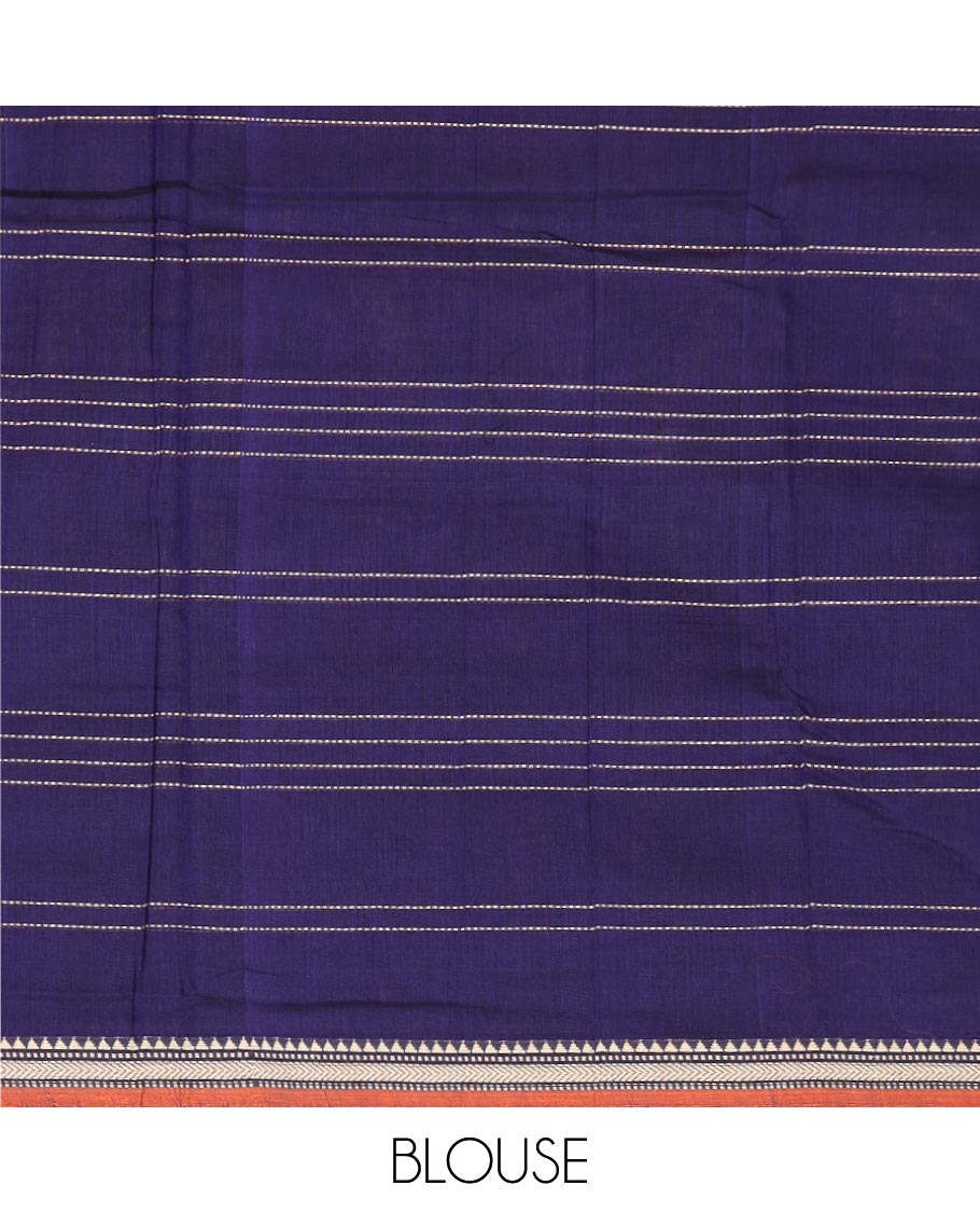 Ink blue striped Narayanapet cotton saree, traditional motifs piping border, and contrast striped pallu