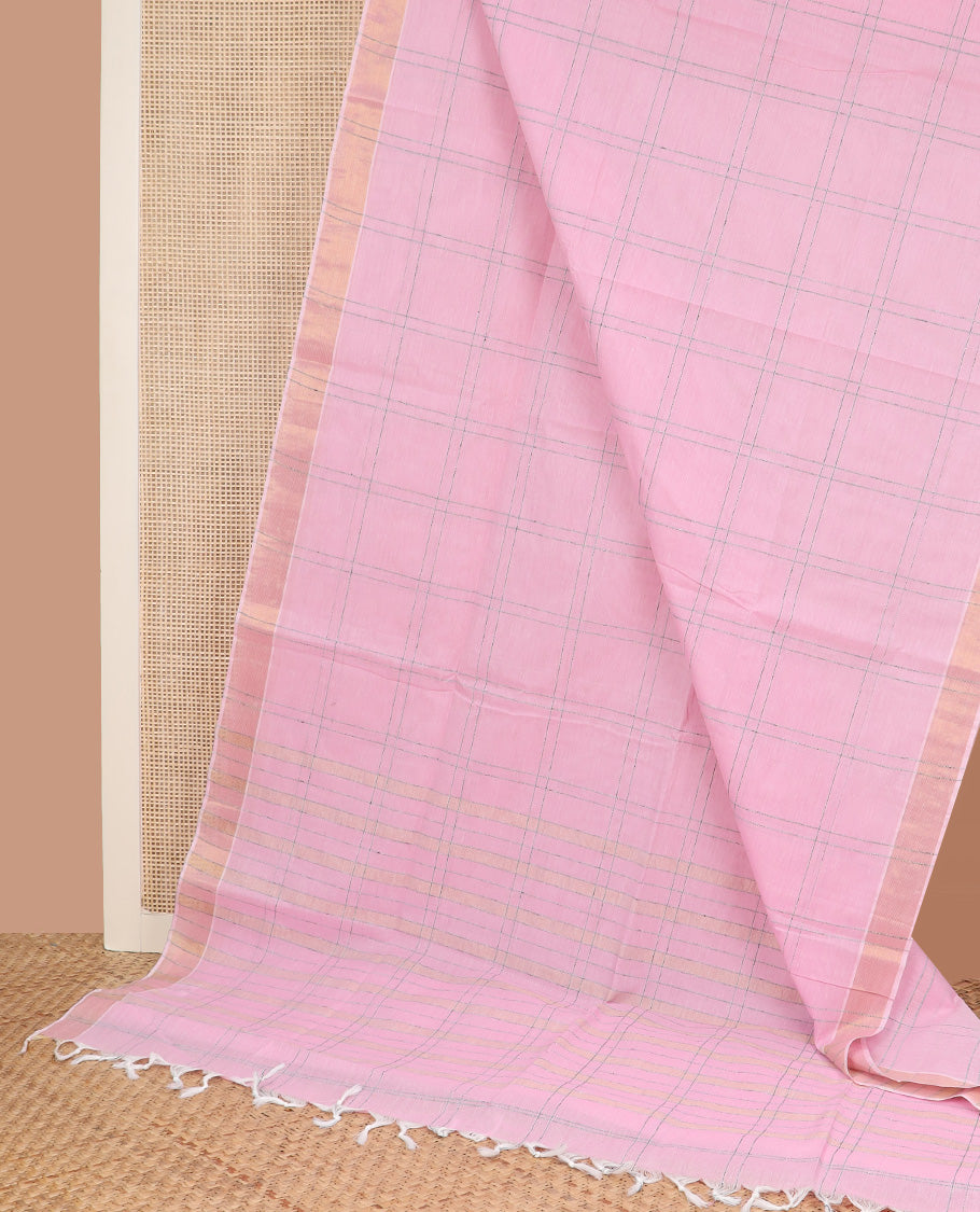 Pink macro checked jute cotton saree, bavanji border, and checked pallu