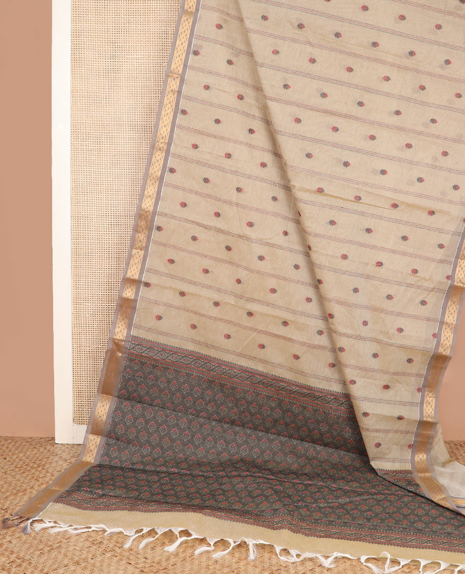 Sandal stripes, and floral buttas kanchi cotton saree, contrast zari border, and unique motifs steeped pallu