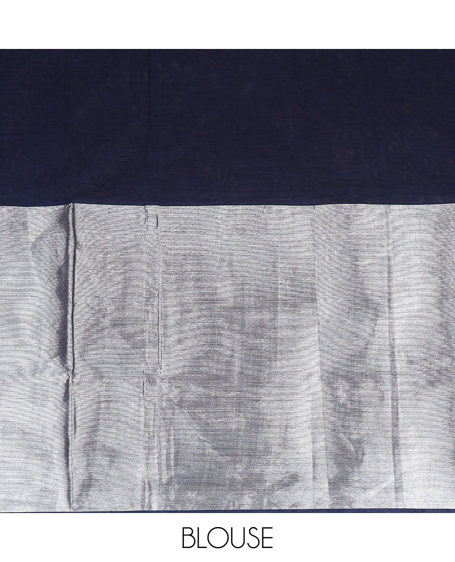 Navy blue leaf and sun motifs printed Andhra cotton saree, warli village-theme motif border, and pallu of warli print