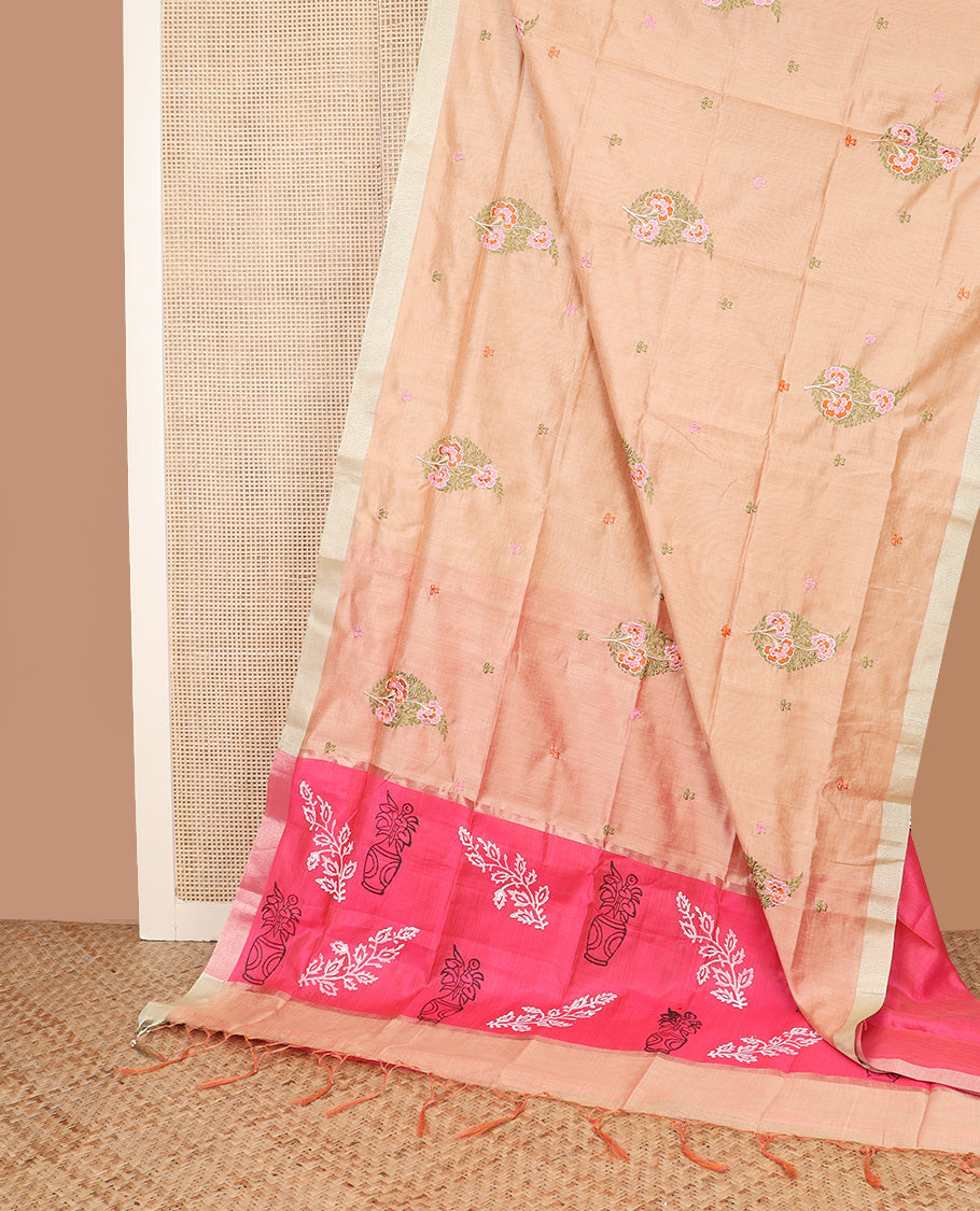 Sandal floral motifs embroidered chirala cotton saree, plain border, and contrast floral printed pallu